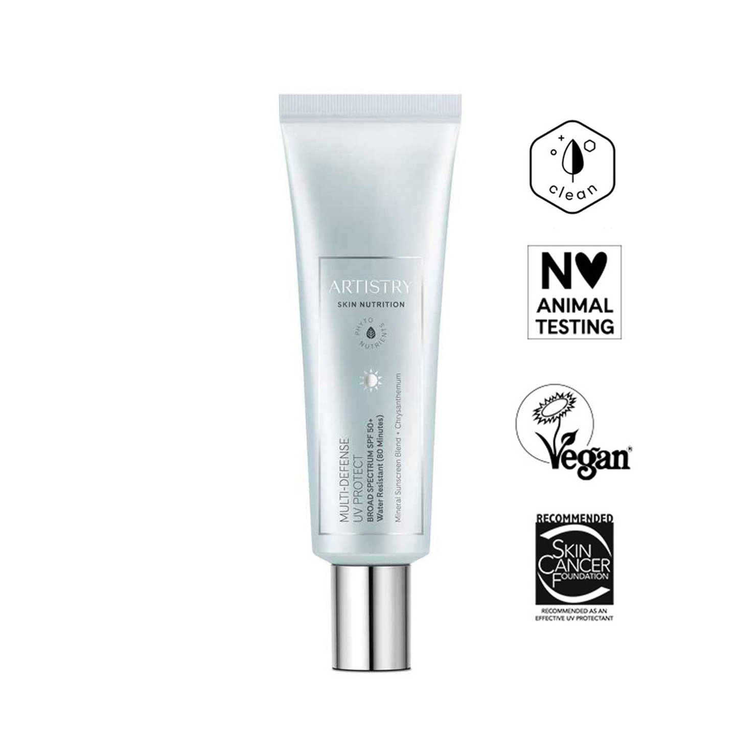Protector Solar Multi-Defensa + FPS 50 Artistry Skin Nutrition con sellos que respaldan en producto