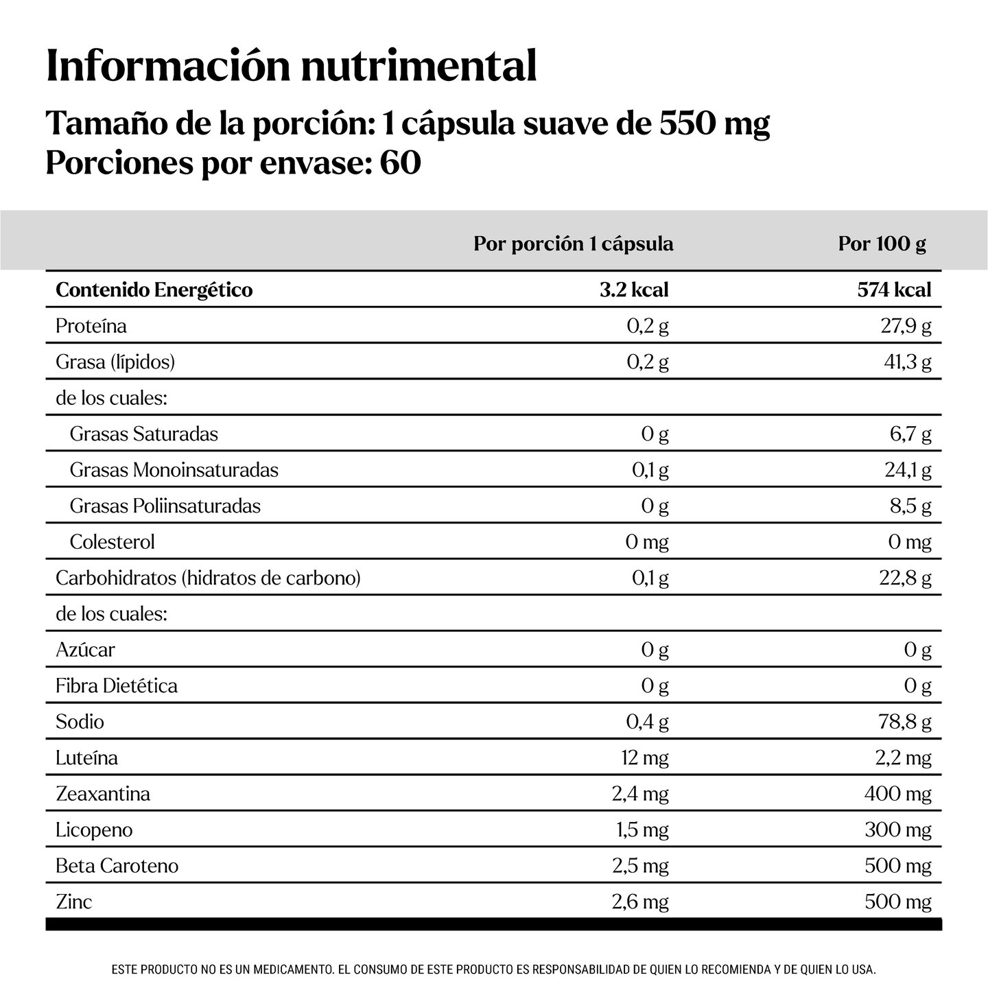 Tabla Nutricional Multi-carotene Spectrum