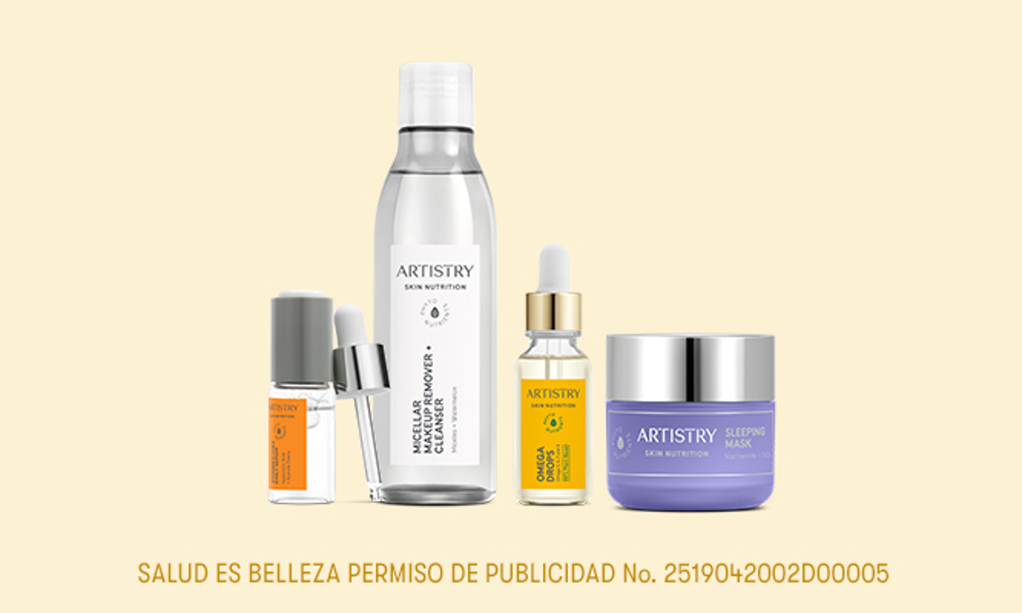 Todos los productos de la rutina de primeros pasos en un fondo de color