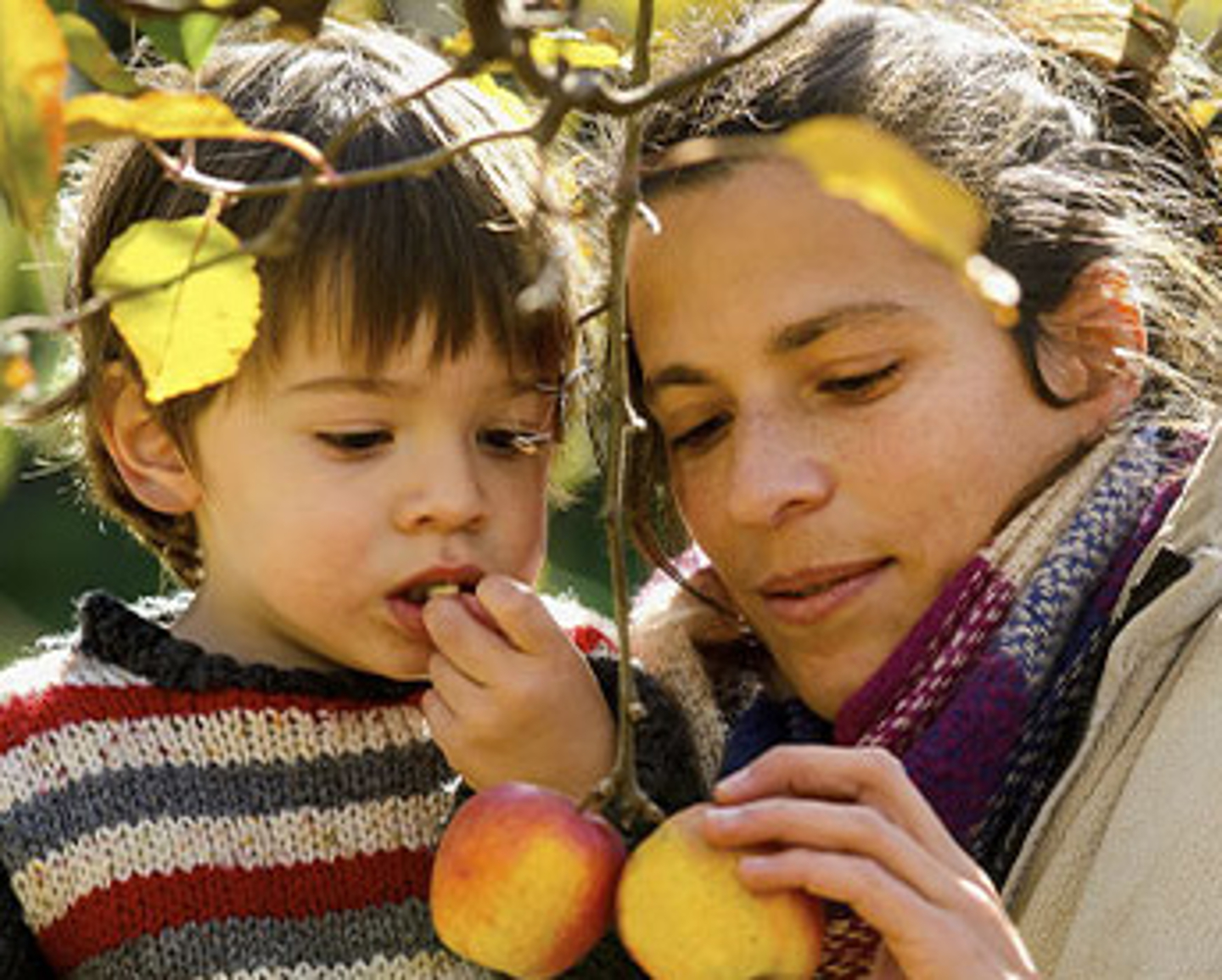 Madre e hijo recolectando manzanas Alianza Amway + Unicef